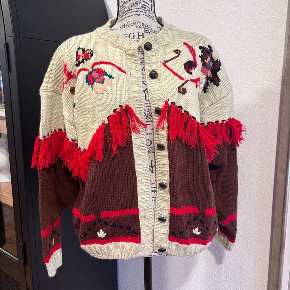 Vintage Style Knit Embroidered Fringe Cardigan, M/L